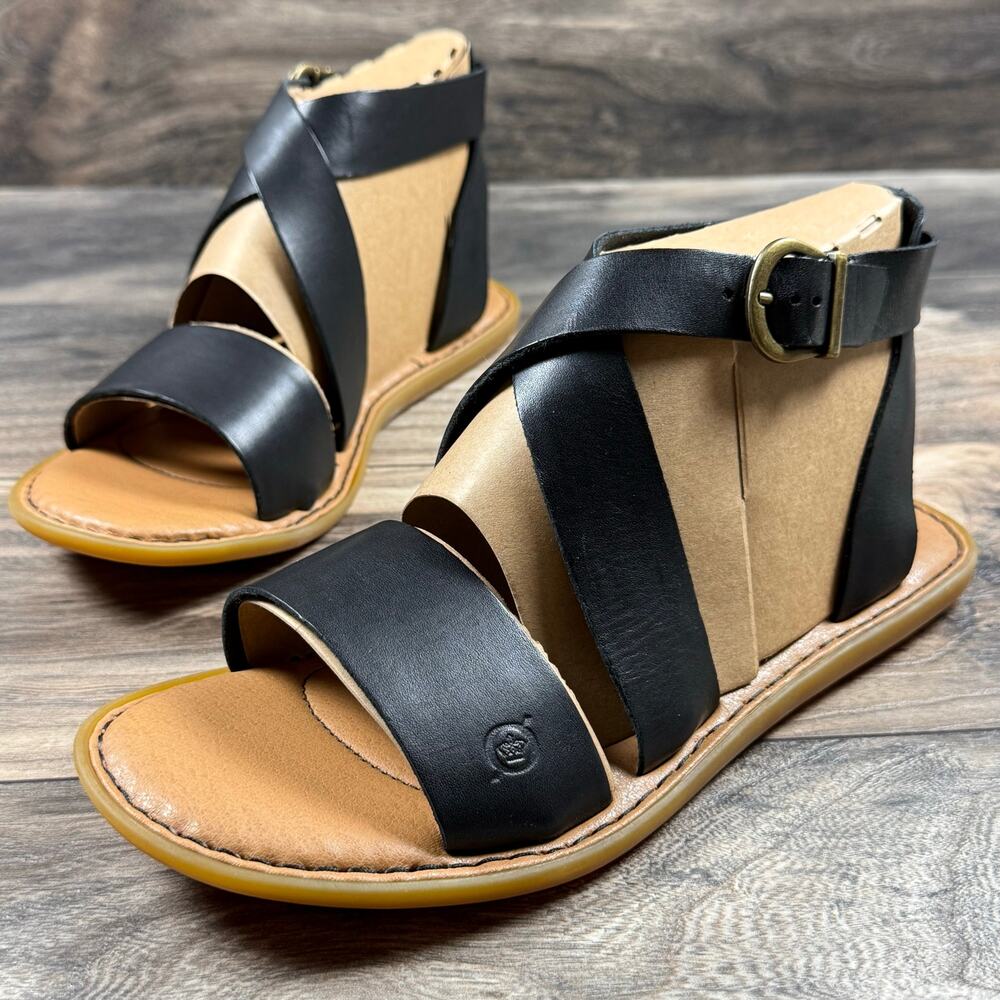 NIB Born Neil 9M Black Leather Gladiator Strappy Flat Sandals - Picture 6 of 12